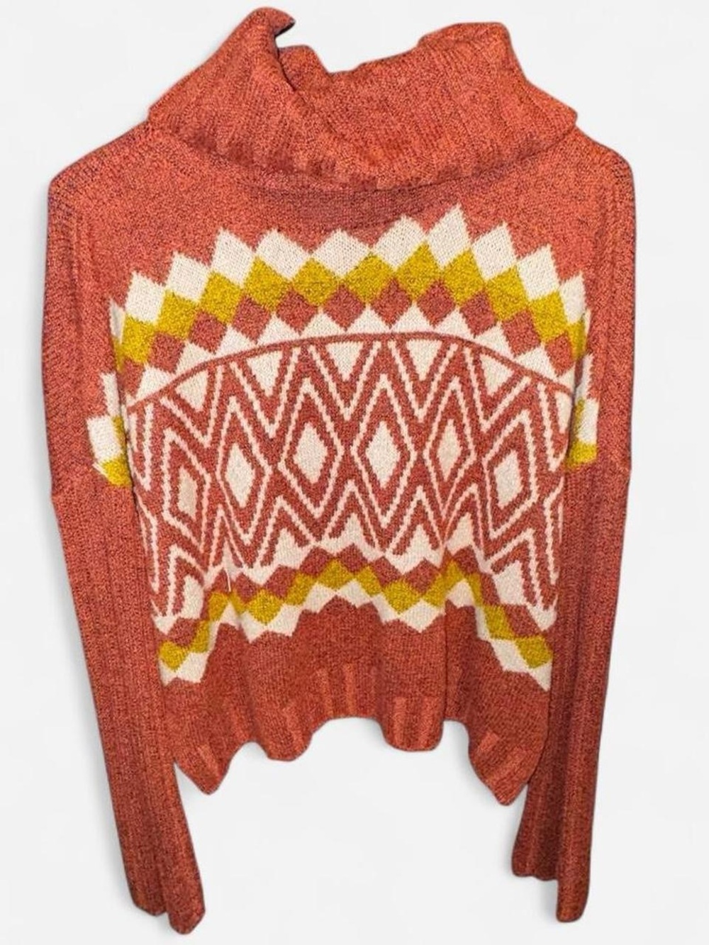 Burnt Orange Fair Isle Geometric Cowl Neck Knit